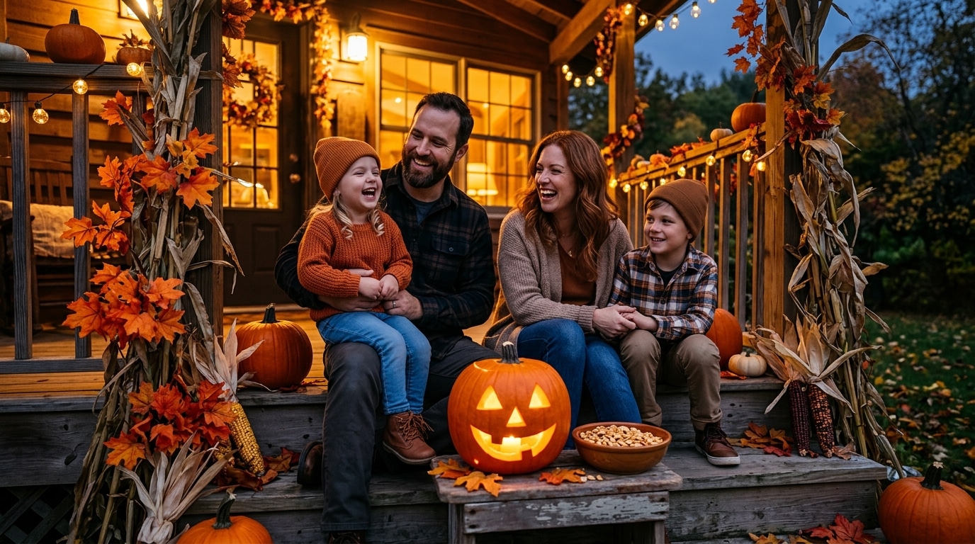 Famille devant une citrouille illuminée le soir d'Halloween