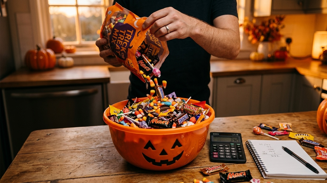 Bonbons et mini-barres versés dans un bol pour Halloween