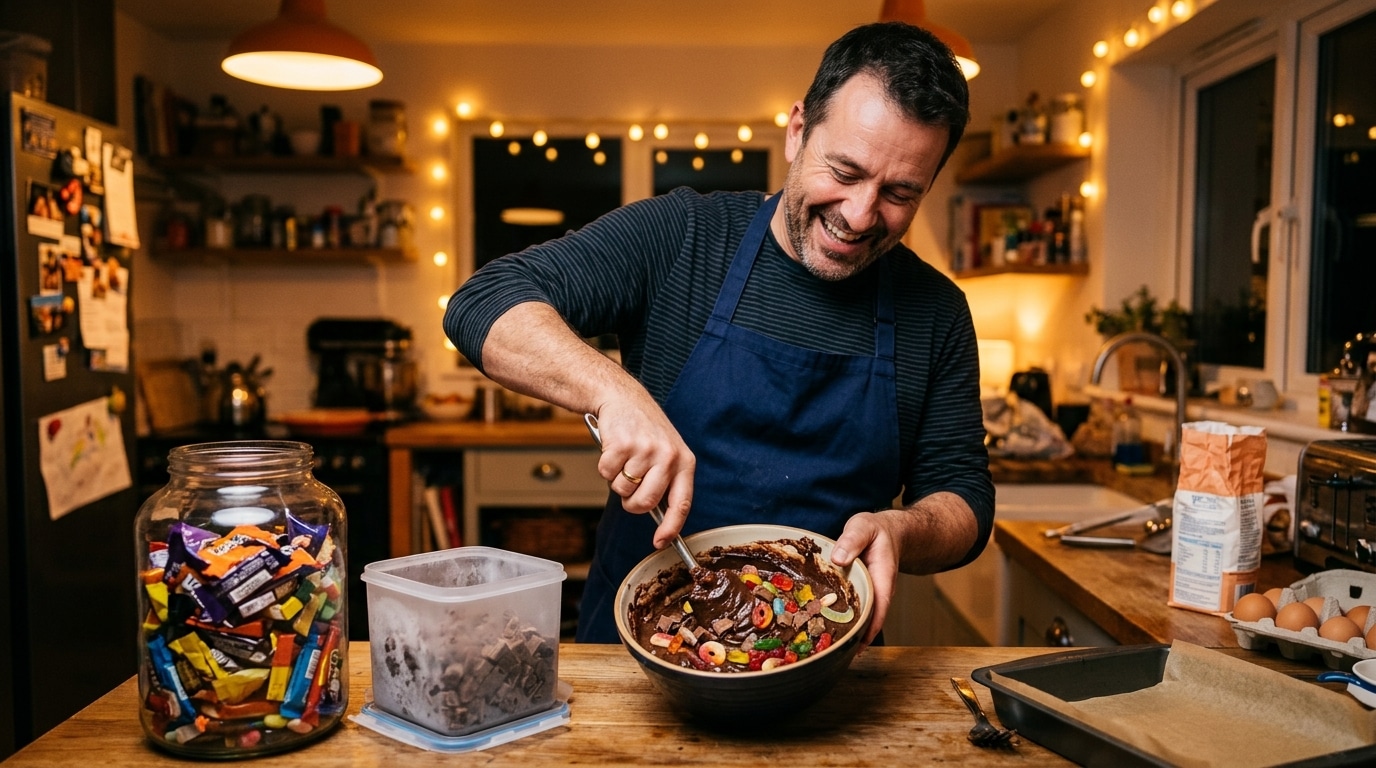 Homme préparant un brownie avec des restes de bonbons
