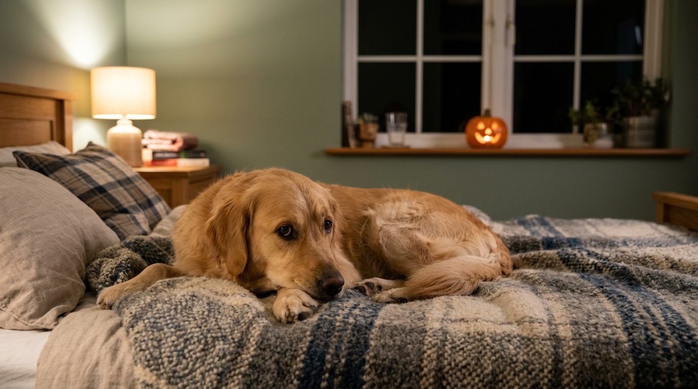 Chien rassuré dans une pièce calme le soir d'Halloween