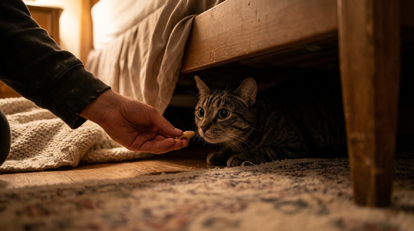Chat caché sous un lit aux pupilles dilatées