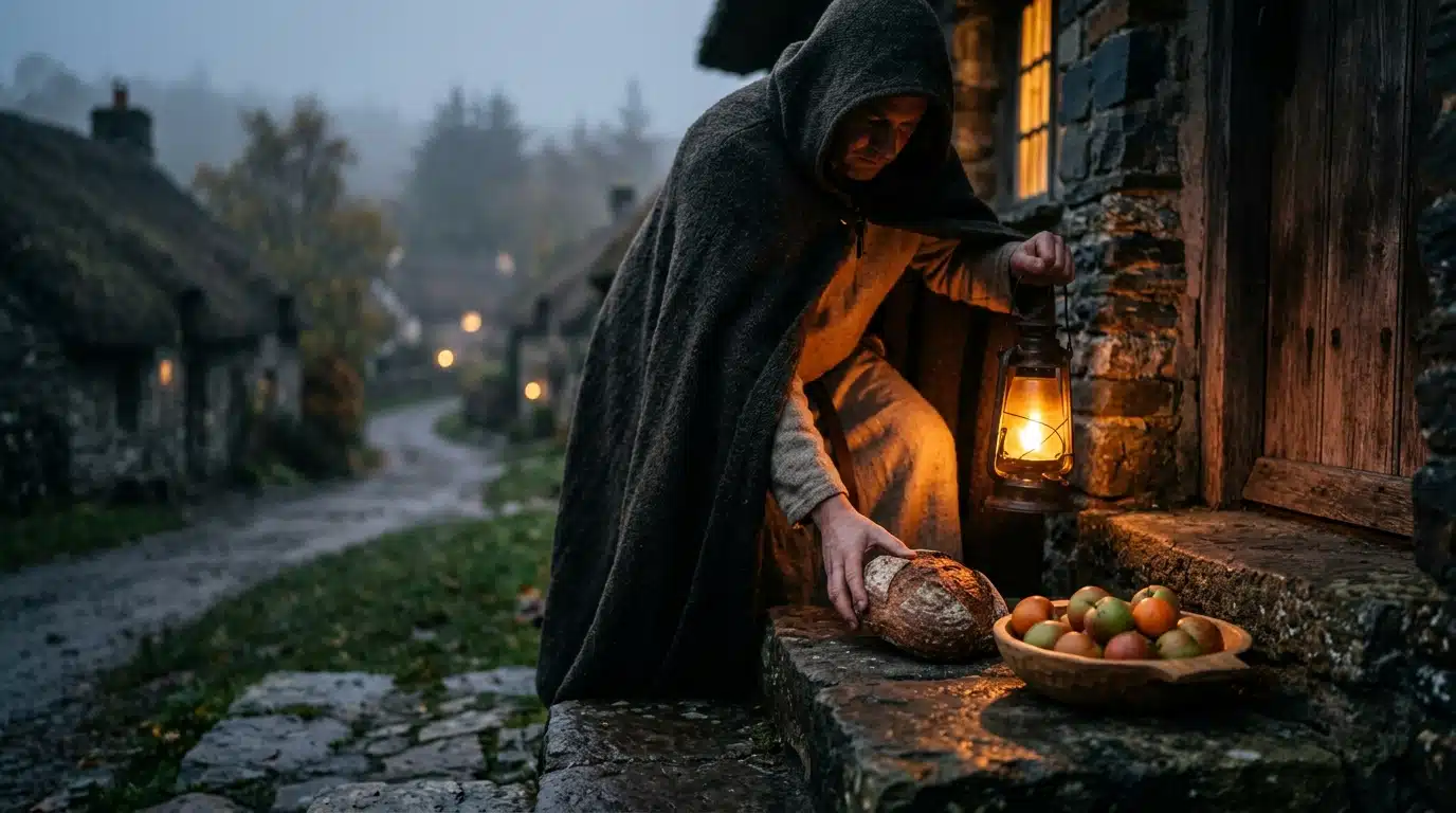 Offrandes de pain et de pommes devant une maison celte