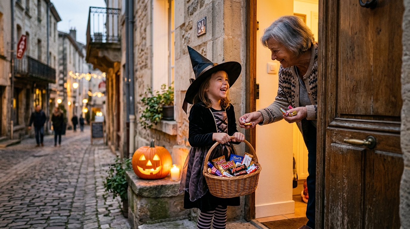 Enfant déguisé en sorcière avec son panier de bonbons en France