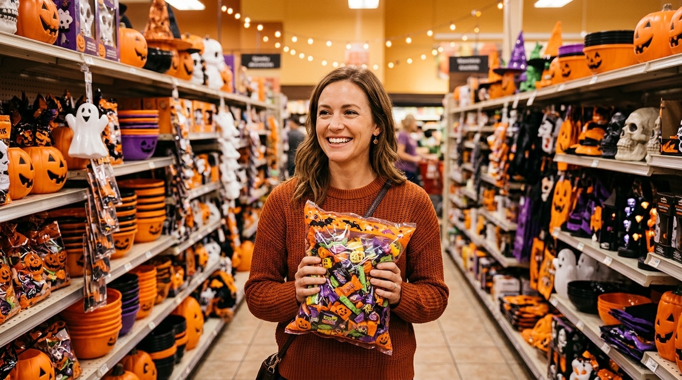 Femme avec un sachet de bonbons d'Halloween en supermarché