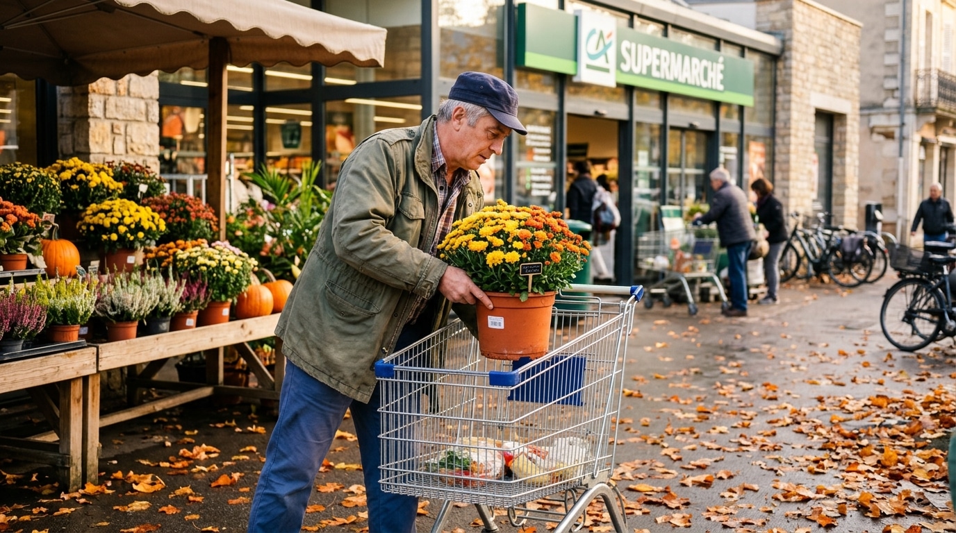 Homme mettant des chrysanthèmes dans son caddie devant un magasin