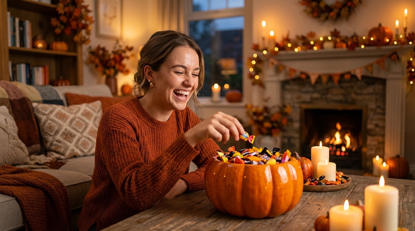 Femme piochant un bonbon dans une citrouille d'Halloween
