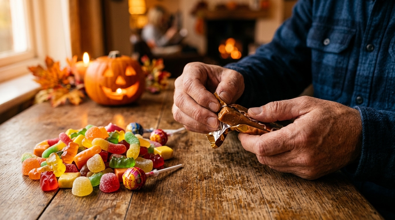 Bonbons colorés et caramel sur une table en bois