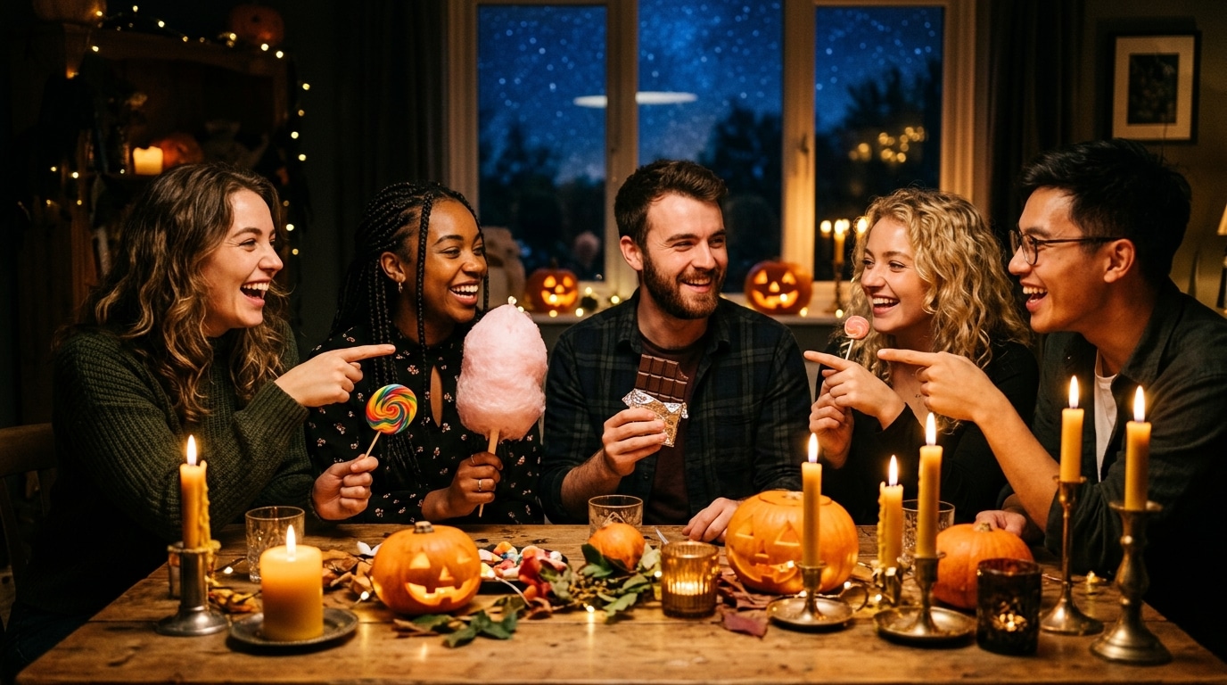 Amis partageant des friandises à la lueur des bougies