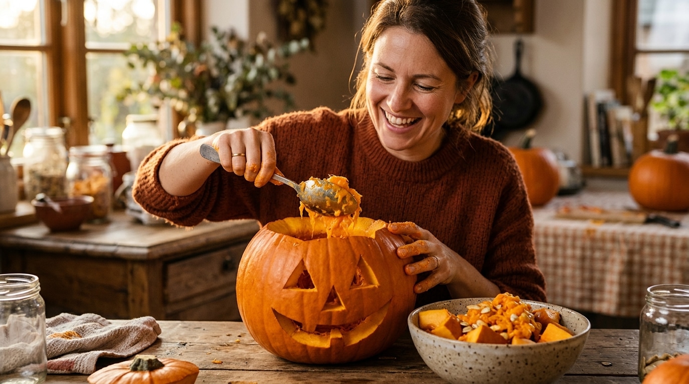 Une mère récupère la chair d'une citrouille d'Halloween