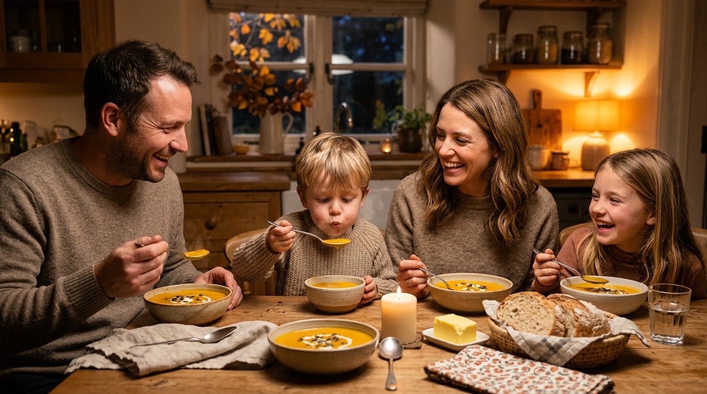 Famille attablée devant un velouté de citrouille fumant