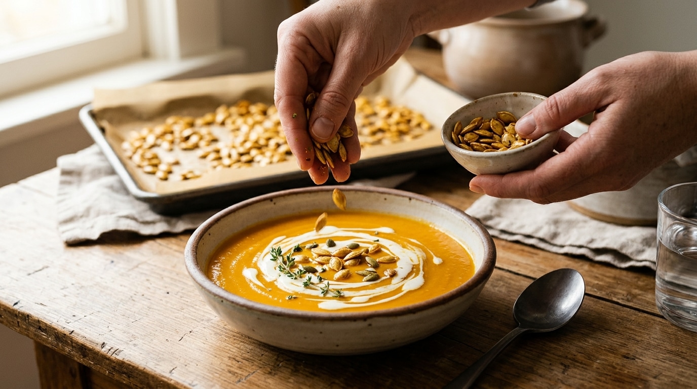 Graines de citrouille grillées sur un velouté orange