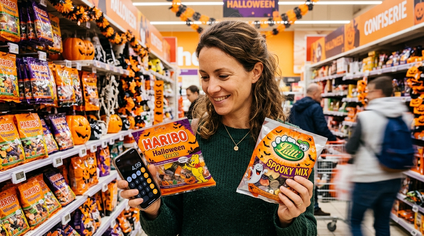 Une mère compare deux sachets de bonbons au supermarché
