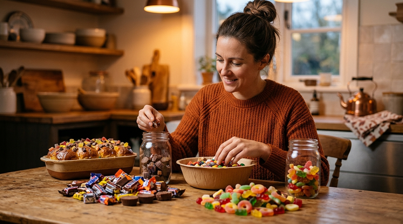 Une femme trie les bonbons restants dans des bocaux