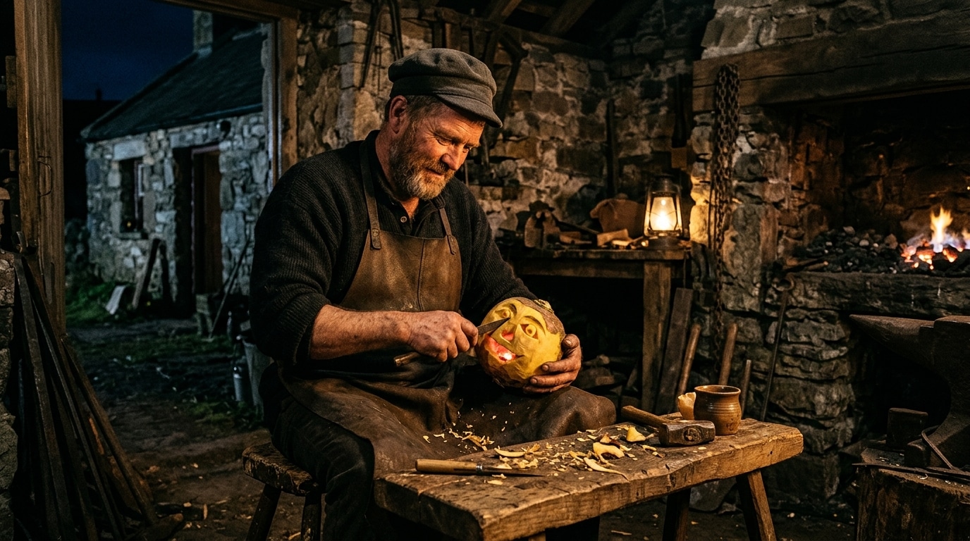 Forgeron irlandais sculptant une lanterne dans un navet