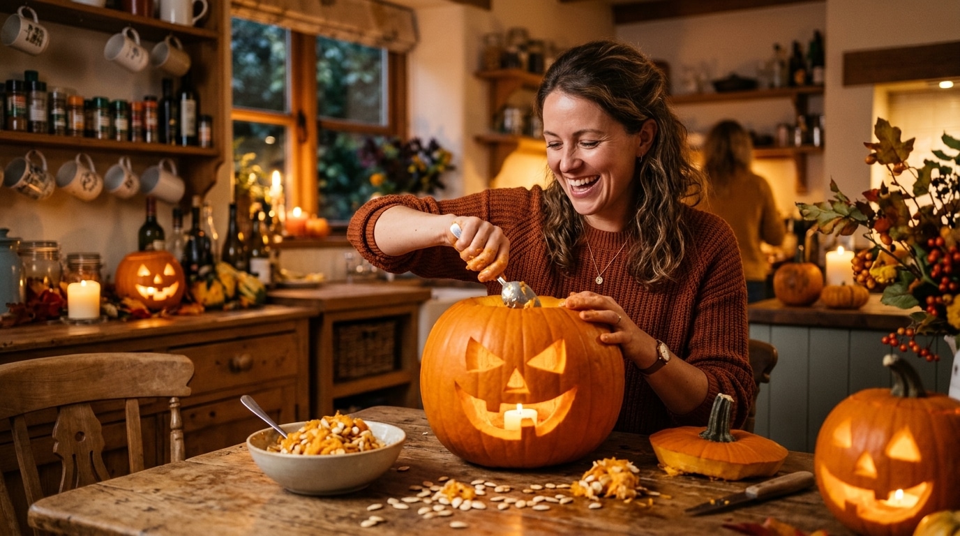 Femme creusant une citrouille d'Halloween dans sa cuisine