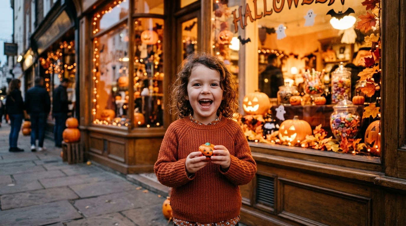 Enfant tenant un chocolat en forme de citrouille