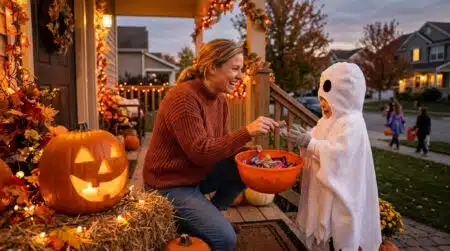 Femme distribuant des bonbons à un enfant déguisé en fantôme