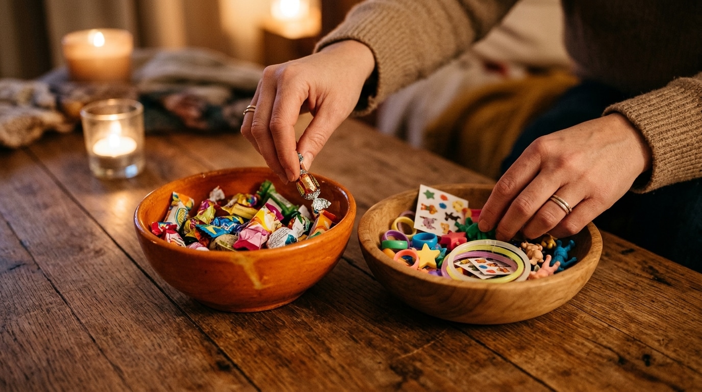 Bols de bonbons et petits jouets d'Halloween sur une table