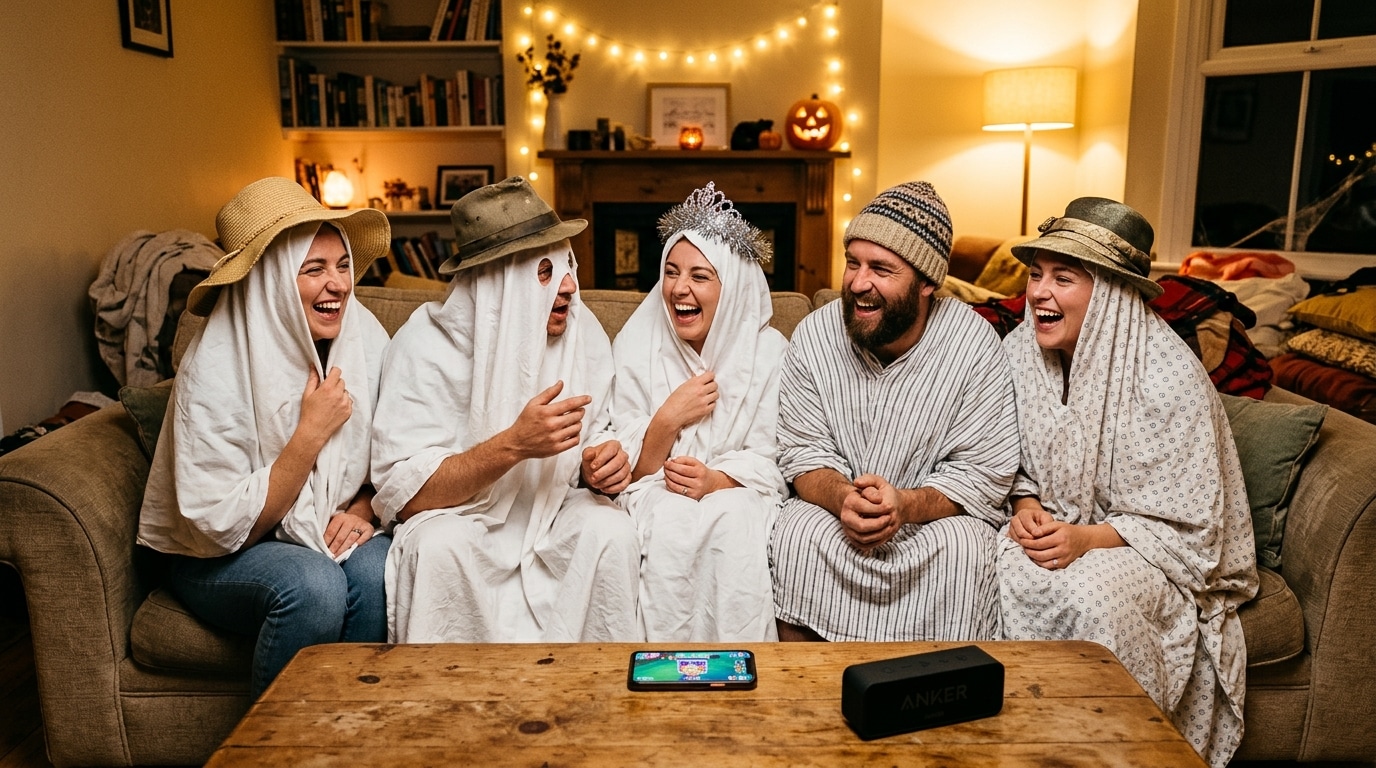 Adultes déguisés en fantômes rigolant autour d'un quiz