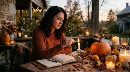 Femme pensive allumant des bougies près d'une citrouille