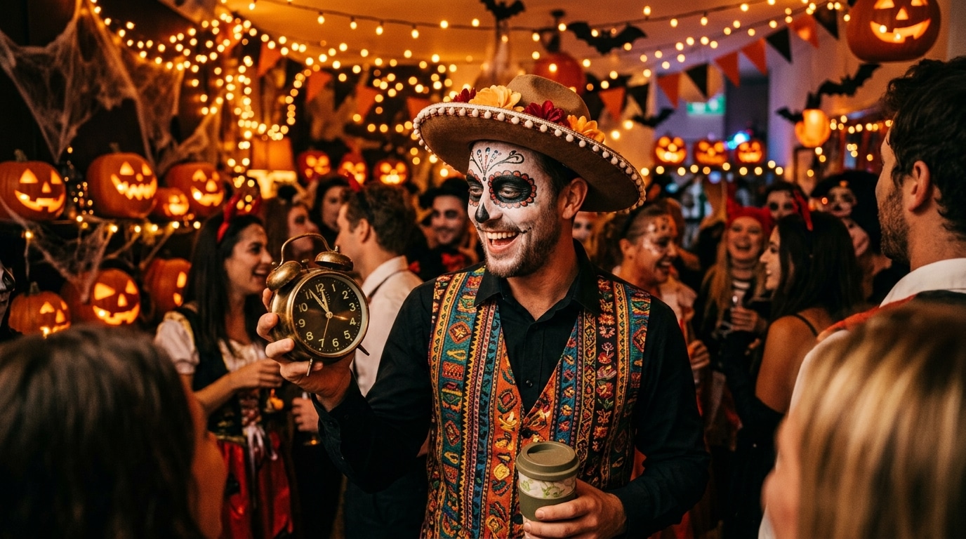 Homme déguisé à une soirée Halloween éclairée de guirlandes orange