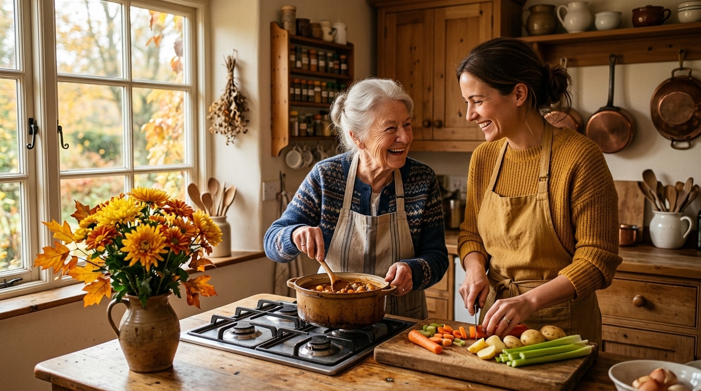 Femme et sa grand-mère préparant un repas de Toussaint en famille