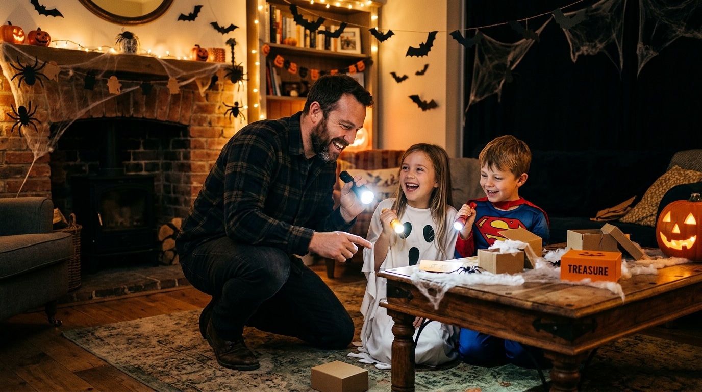 Famille cherchant des indices Halloween à la lampe torche