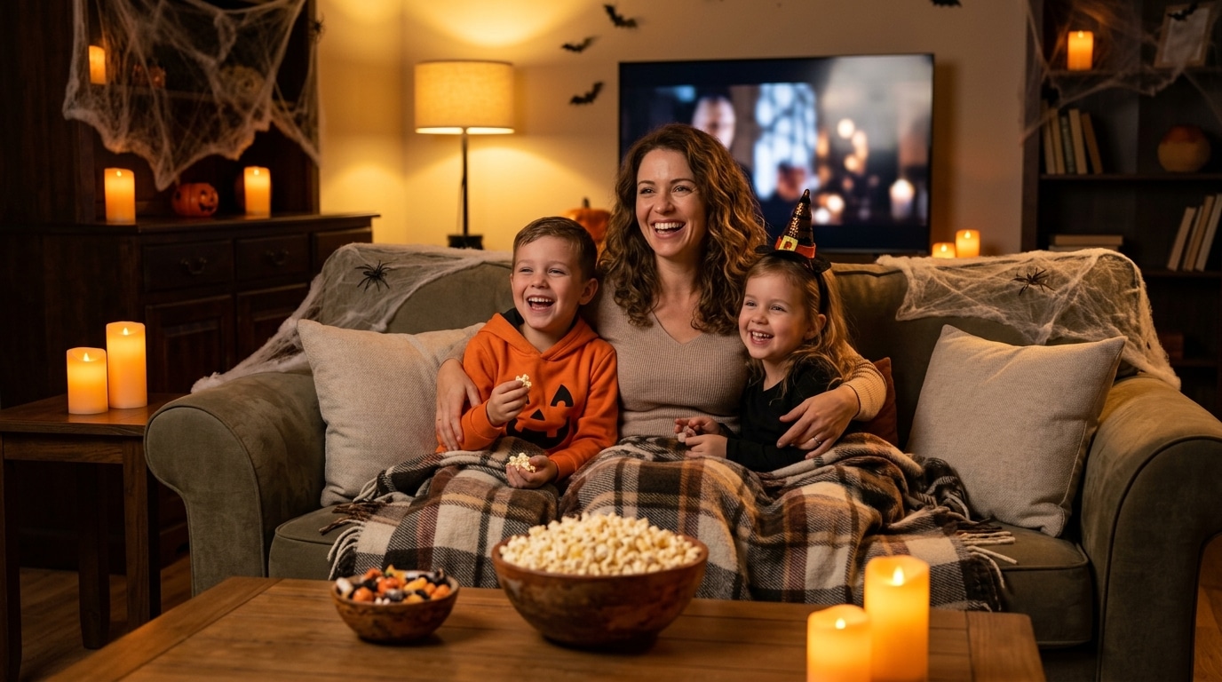 Soirée film Halloween en famille sous les couvertures