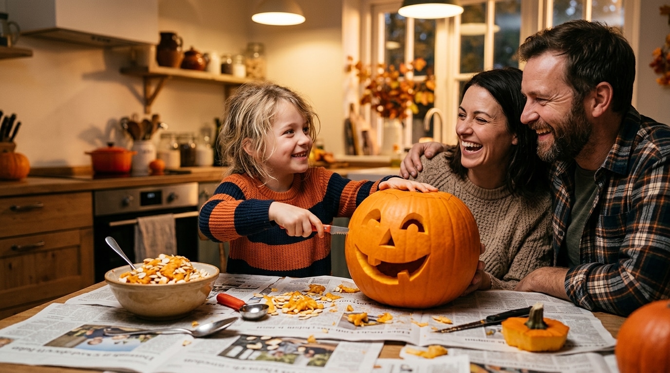 Enfant sculptant une citrouille avec ses parents