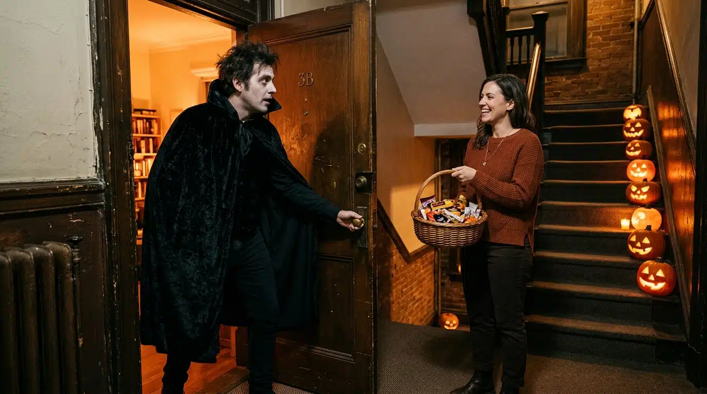 Voisins se rencontrant sur un palier décoré pour Halloween