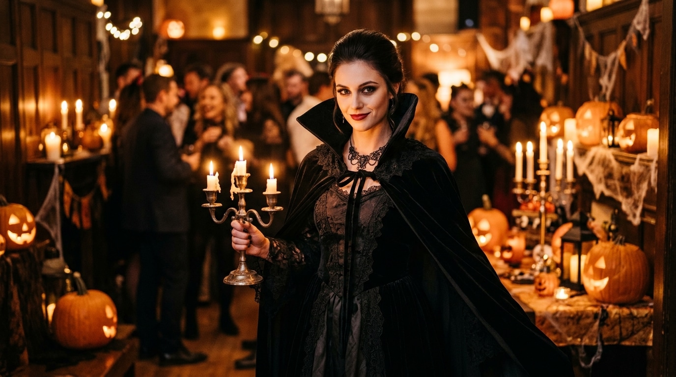 Femme déguisée en vampire élégant à une soirée Halloween
