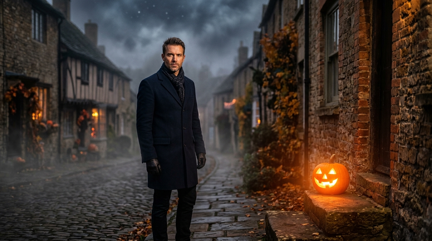 Homme au regard intense devant une citrouille d'Halloween
