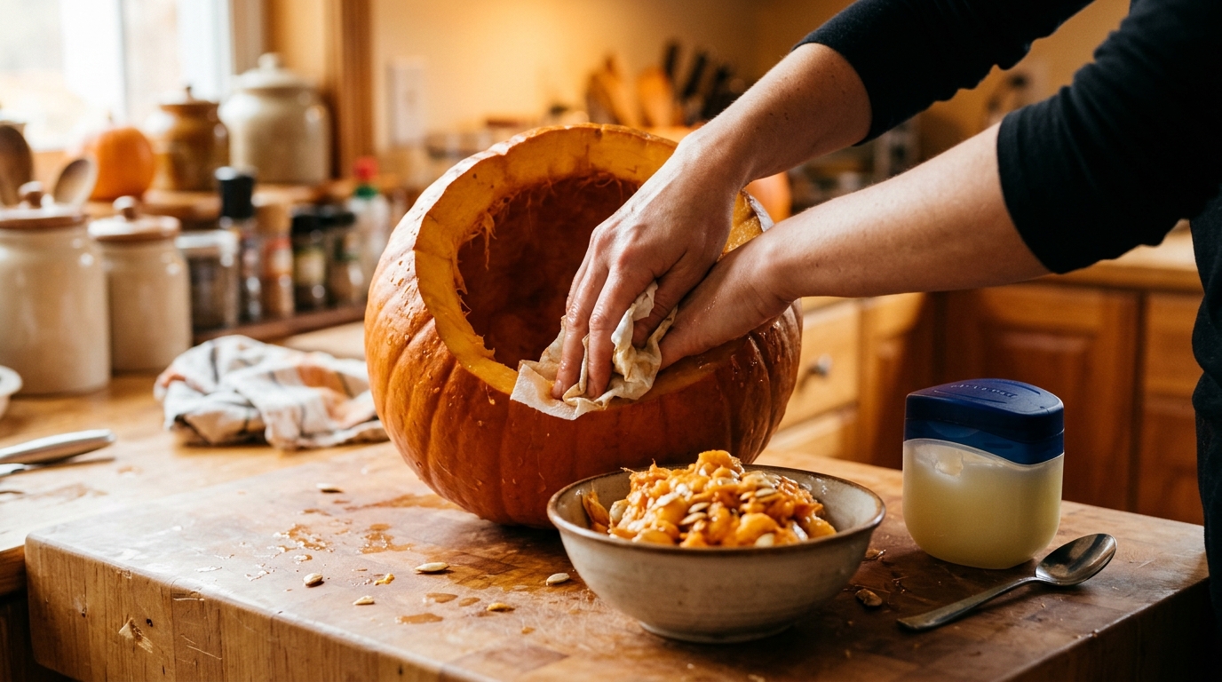 Mains essuyant l'intérieur d'une citrouille creusée