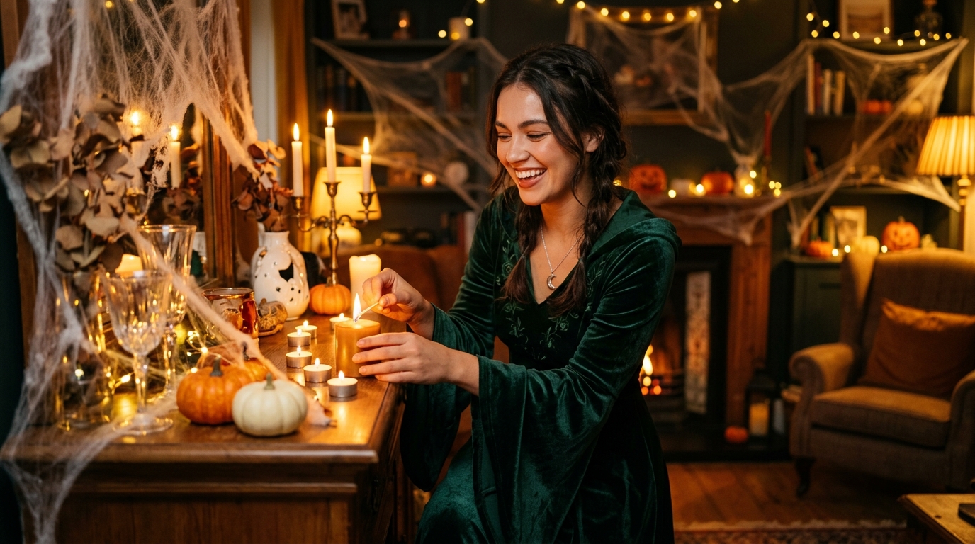 Femme déguisée en sorcière allumant des bougies pour Halloween