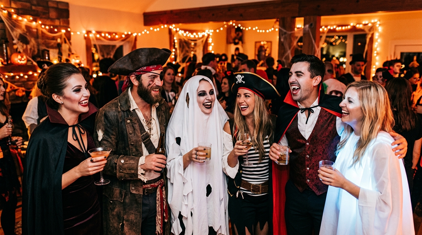 Amis costumés fêtant Halloween un samedi soir