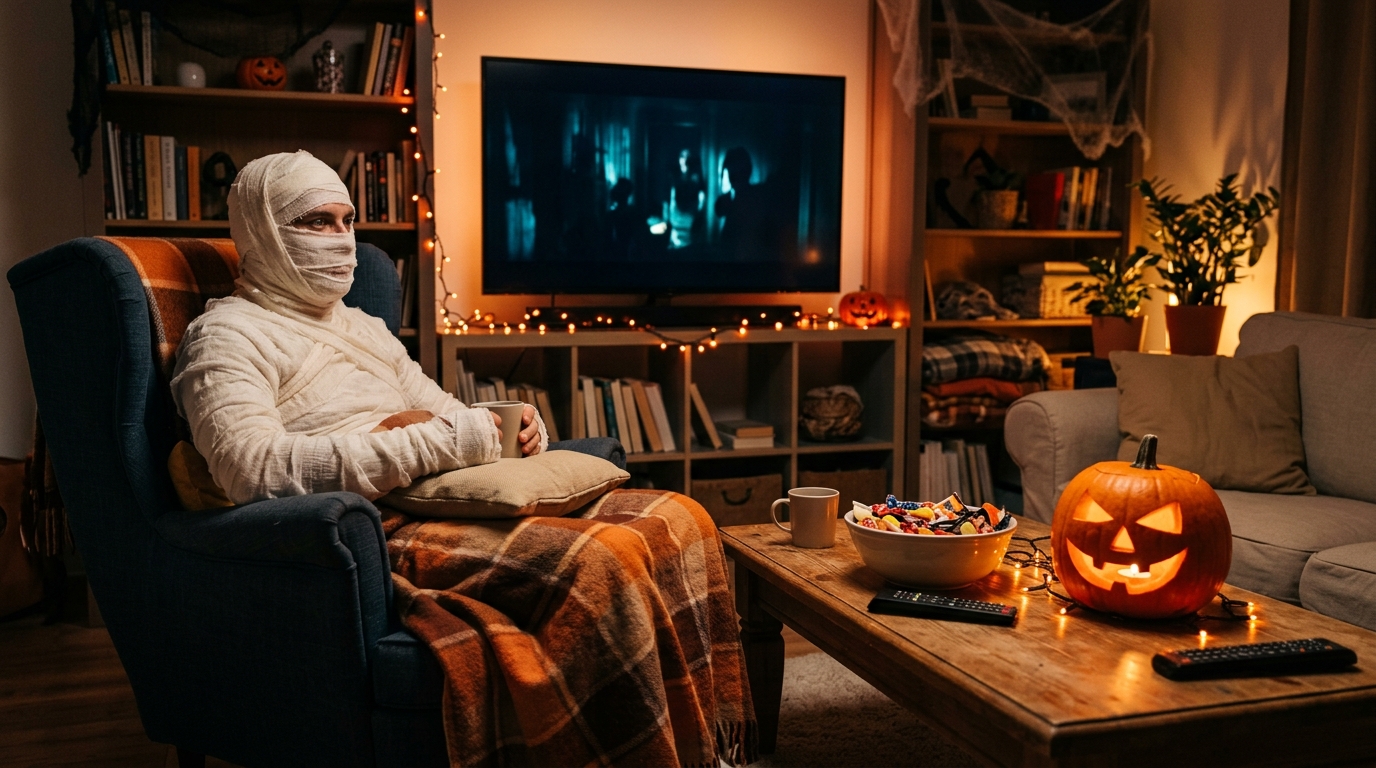 Soirée Halloween cosy sur canapé avec bonbons et citrouille