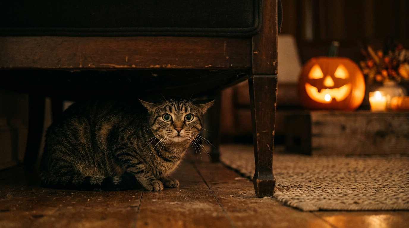 Chat inquiet caché sous un canapé le soir d'Halloween