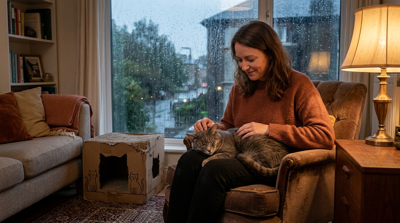 Femme rassurant un chat dans une pièce calme et chaleureuse