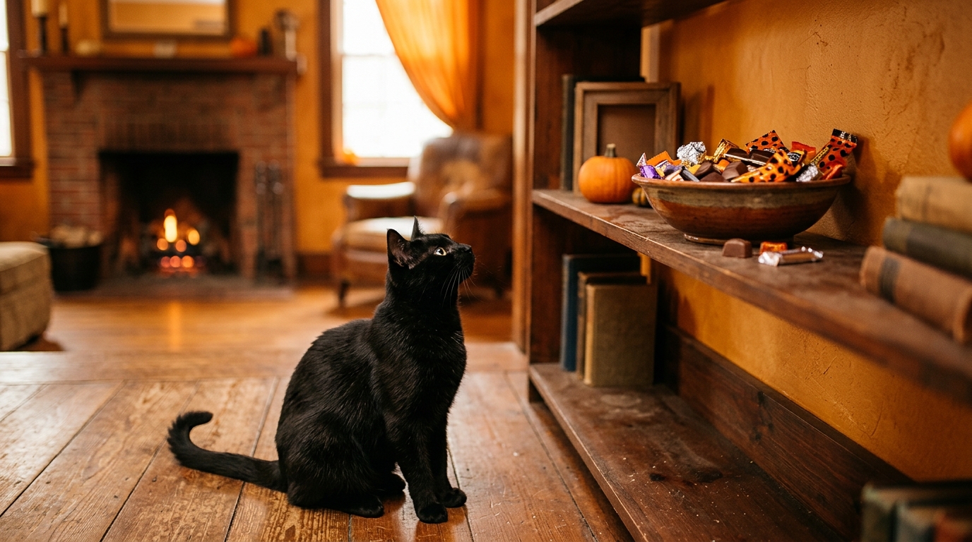 Chat noir regardant un bol de bonbons placé hors de portée