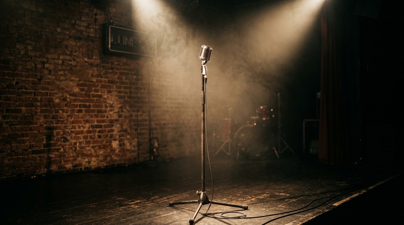 Micro vintage sur scène de comedy club vide, sous un faisceau de projecteur