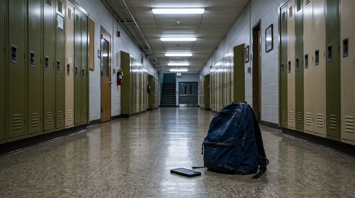 Couloir de collège vide avec sac à dos abandonné