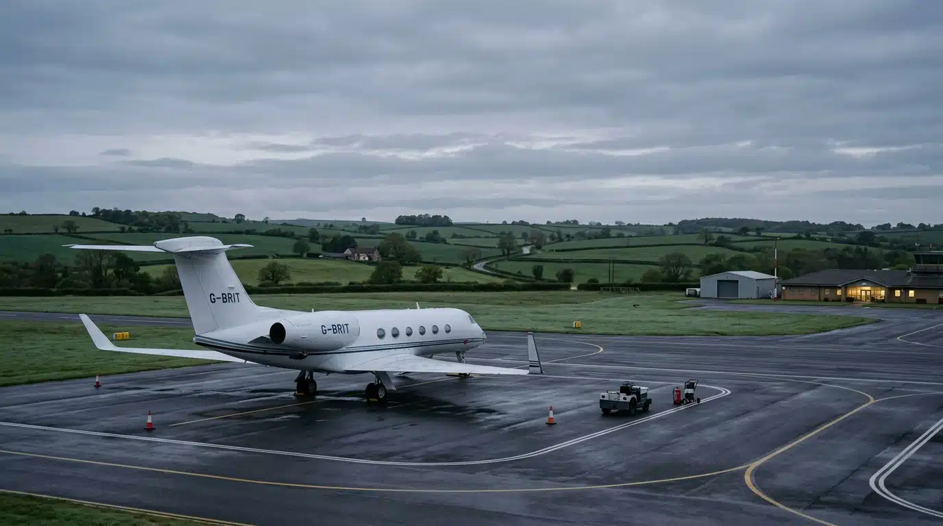 Un jet privé immobile sur un tarmac anglais, symbole d'un retour discret et sans comité d'accueil