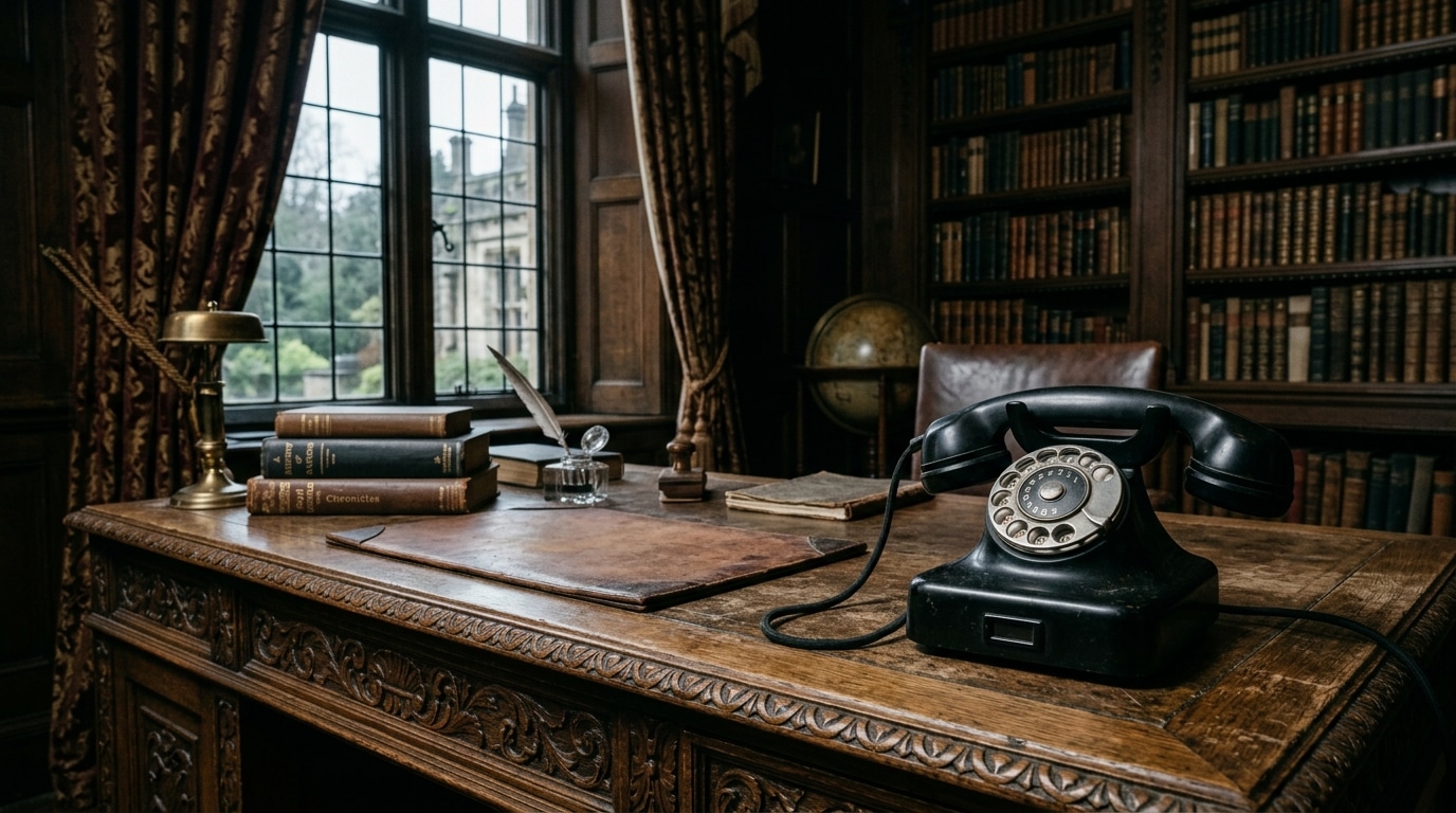 Un téléphone ancien resté silencieux sur un bureau, image du fil rompu entre le père et le fils