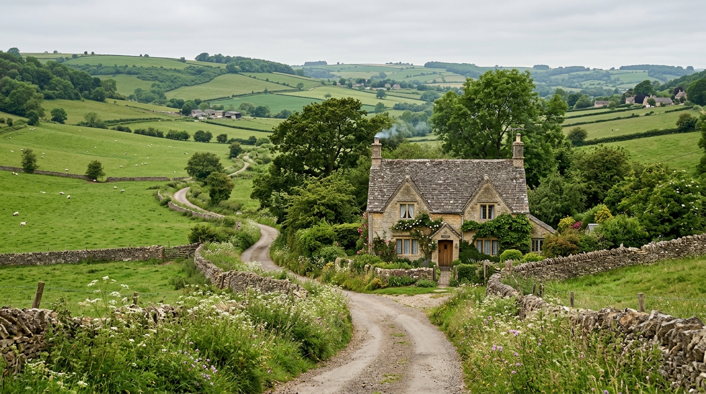 Une maison de pierre dans la campagne des Cotswolds, où la famille s'est installée