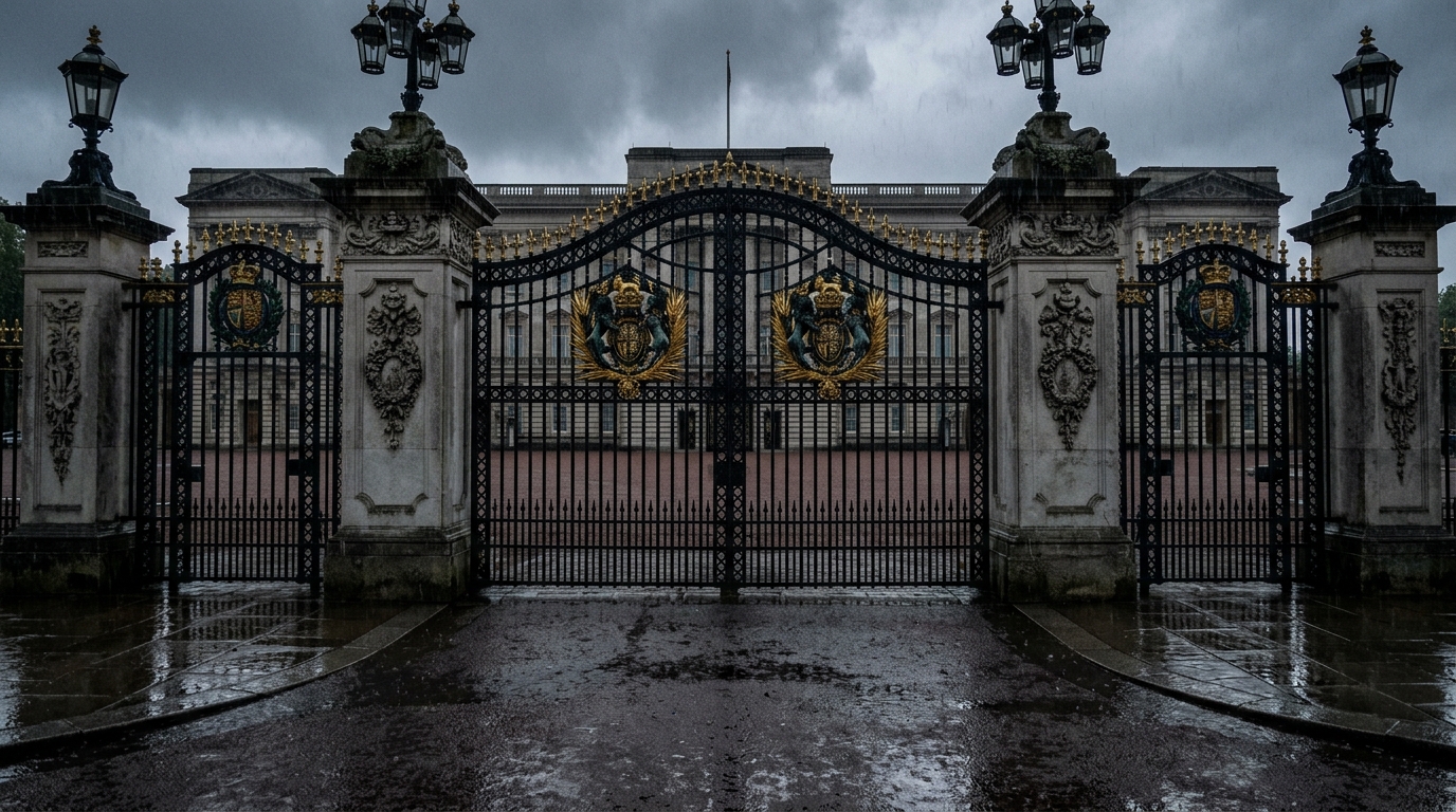 Les grilles closes de Buckingham Palace sous un ciel gris, symbole du silence royal