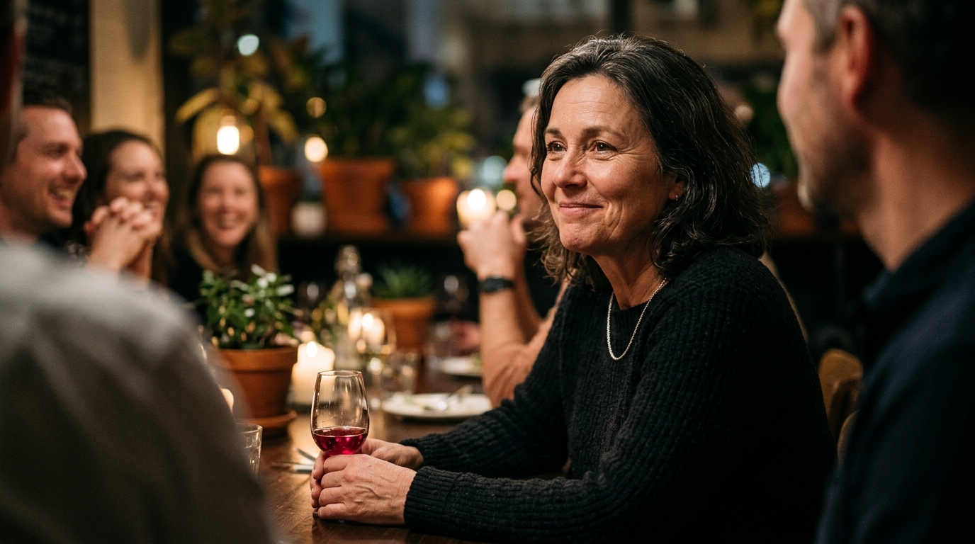 Personne souriante et apaisée entourée d’amis flous