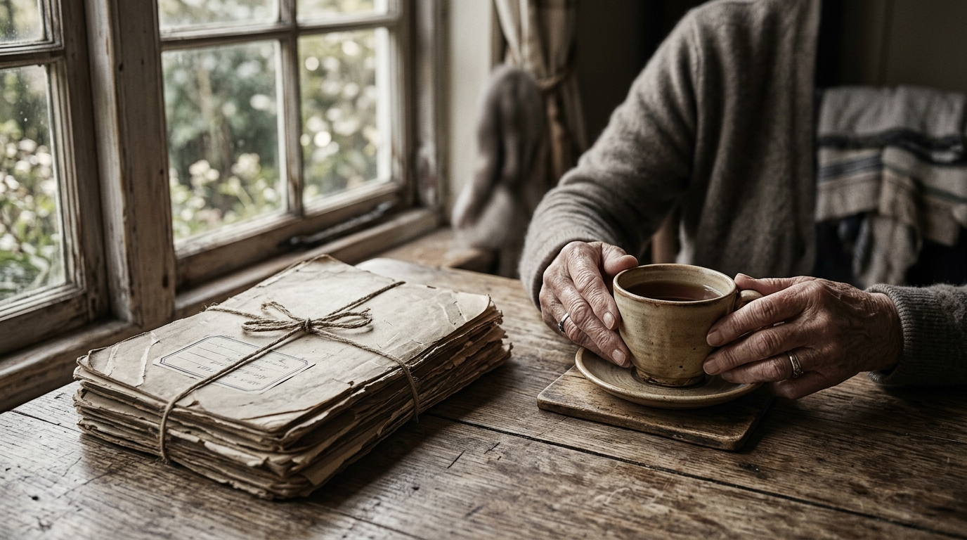Mains âgées tenant une tasse près de vieux dossiers
