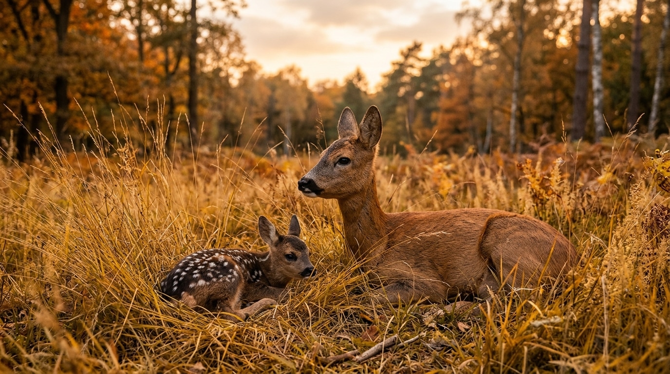 Faon tacheté couché près de sa mère la biche