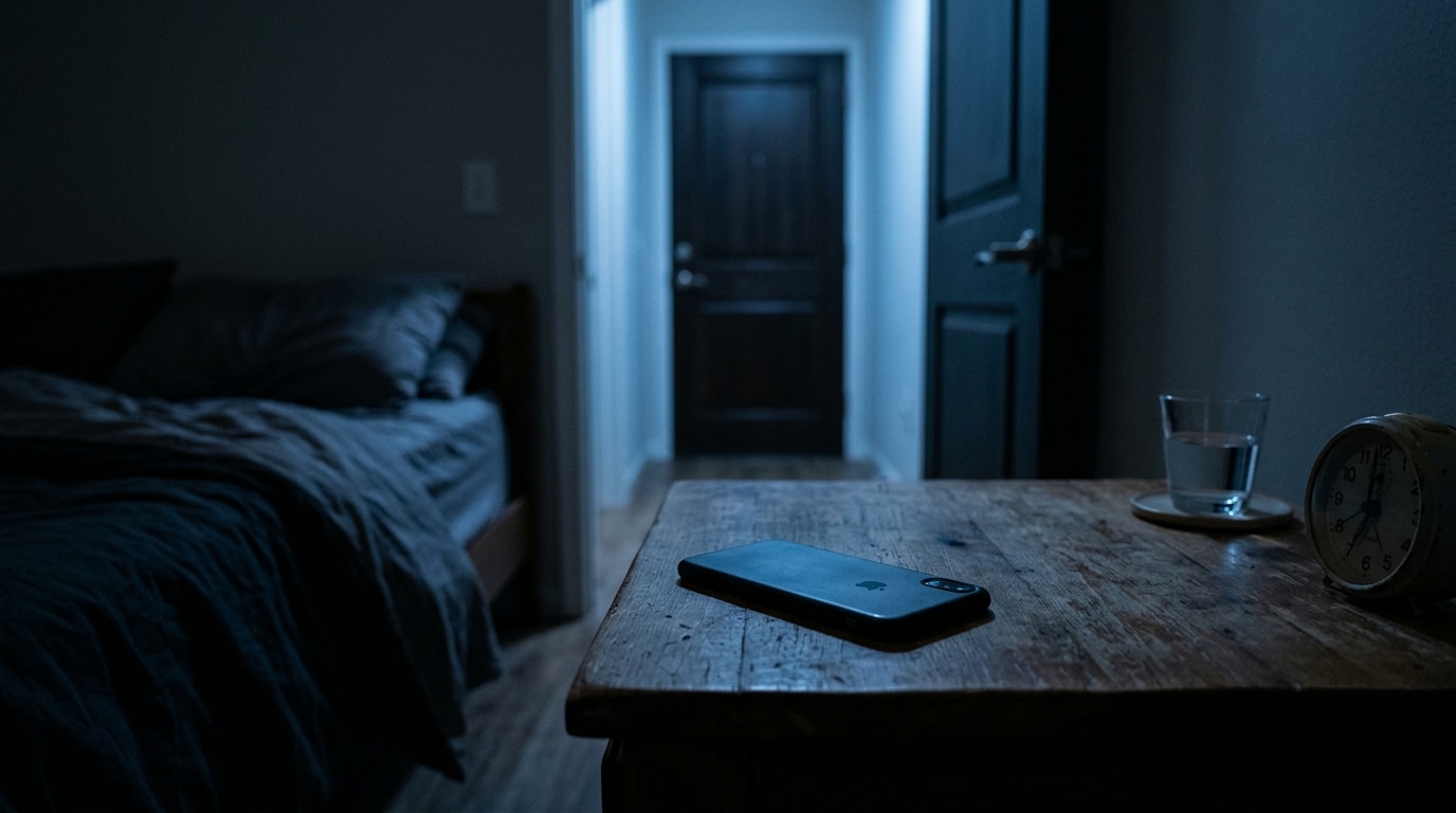 Smartphone retourné sur une table de chevet dans un appartement faiblement éclairé, porte d'entrée fermée en arrière-plan