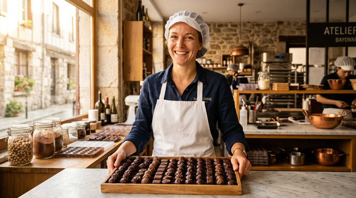 Hélène, chocolatière artisanale, tenant un plateau de pralinés